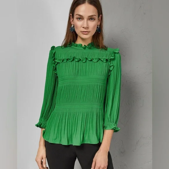 Ted Baker London Airlie Pleated Smocking High Neck Crepe Ruffled Blouse Large - Picture 5 of 11